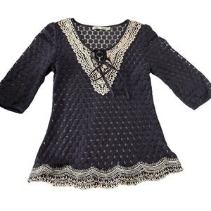 Solitaire Navy Blue Crochet Lace Tie Neck Top Women S  Boho Whimsigoth 3/4Sleeve